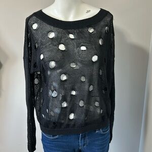 VINCE Black Holey Sweater Linen Blend Crochet Pullover Lightweight Sz S